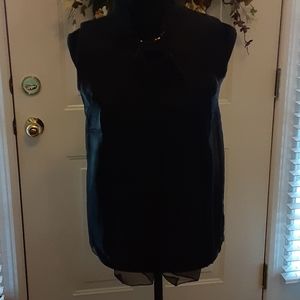 Sample Text black sleeveless sheer lined top stand up collar bow tie Medium EUC…